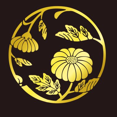 Geleneksel Japon aile arması logosu altın rengi, çiçek elementleri.