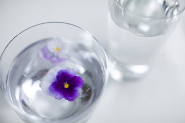 Mor çiçeklerle dolu bir bardakta su. yüksek kaliteli fotoğraf