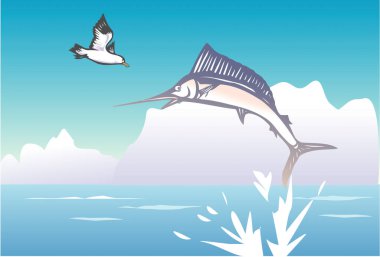 A sailfish leaps out of the ocean water near icebergs as a bird flies overhead, a simple digital graphic.