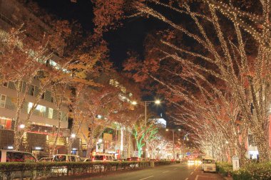 Noel süslerinin ve çelenklerin güzel manzarası gece şehrinde ağaçlarda                    