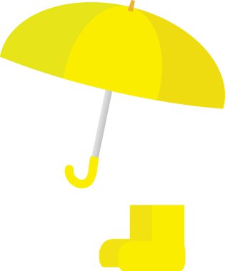 Beyaz arka planda sarı şemsiye ve lastik çizmeler