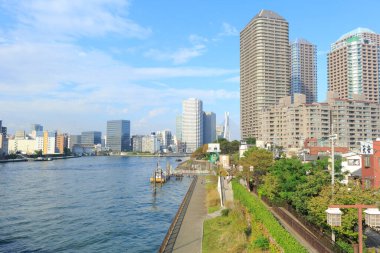 Sumida Nehri ve köprüsü. Tokyo, Japonya.
