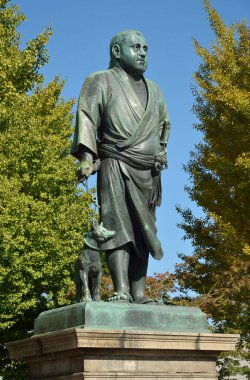 Japon politikacı Saigo Takamori 'nin heykeli ve Ueno Park, Tokyo, Japonya' daki son Edo döneminin devlet adamı..