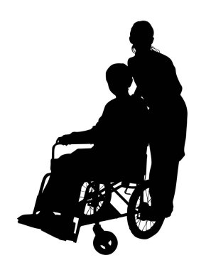 Siluetli kadın, tekerlekli sandalye kullanan bir adama yardım ediyor.