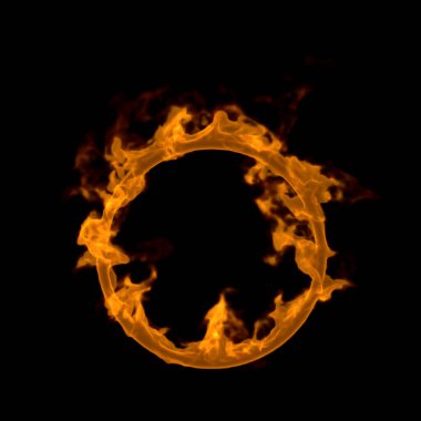 Siyah arka planda yanan ateş çemberi. 3d resimleme