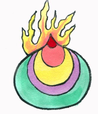 Yanan bir kürenin tepesindeki çok renkli incinin suluboya çizimi.