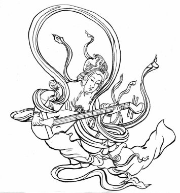 Bulutların üzerinde süzülürken müzik enstrümanı çalan Çinli bir tanrı veya ilahi varlığın çizimi.