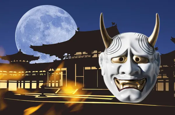 传统日本恶魔剧场面具的数码拼贴图像 — 图库照片