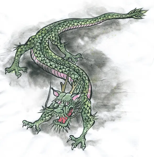 drawing of green dragon with long tail