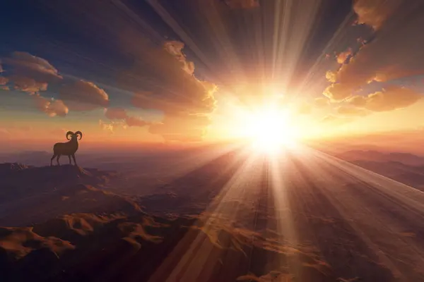 Dağların Tepesinde Dağ Keçileriyle Gün Batımının Güzel Bir Görüntüsü — Stok fotoğraf
