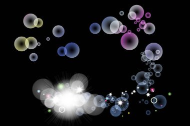 Siyah arkaplanda renkli kabarcıklar ve ışık parlamaları