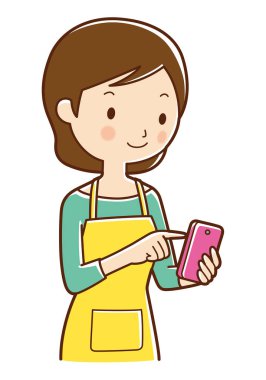 Akıllı telefonlu bir kadın beyaz arka planda önlük giyiyor.