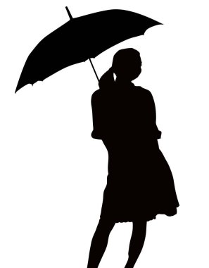 Beyaz arka planda şemsiyesi olan kadın silueti.