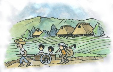 Kırsal alanda yürüyen çiftçilerin bir tasviri