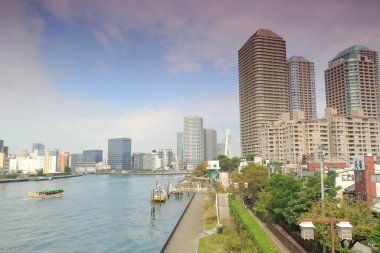 Sumida Nehri ve şehrin silueti. Tokyo, Japonya.