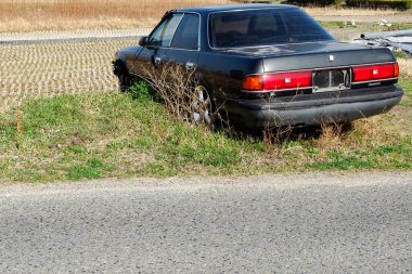 Yeşil çimenli bir bölgede terk edilmiş bir araba.