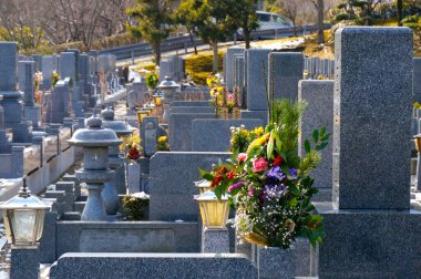 Japon mezarlığına, mezar taşlarına ve çiçeklere yakından bakın.