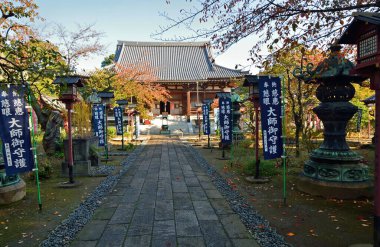 Eski bir Japon türbesinin güzelliğini yansıtan sahne.