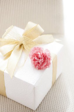 Arkaplanda pembe çiçek olan hediye kutusu, kapat.