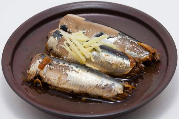 Closeup Plate Canned Sardines Spices — Stock Photo, Image