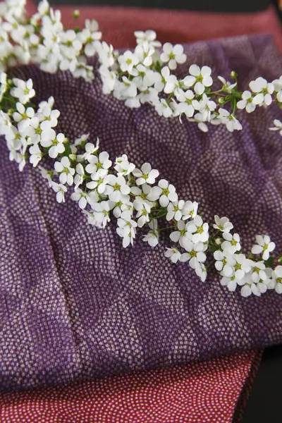 Mor Çiçeklerin Dikey Bir Görüntüsü Siyah Kumaş Bir Yüzey Üzerinde — Stok fotoğraf