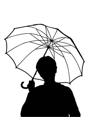 Beyaz arka planda şemsiyesi olan bir adamın silüeti..