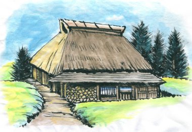 Eski ahşap evin suluboya çizimi.