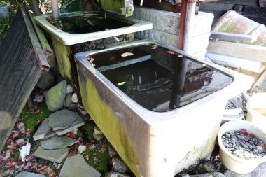 İki eski küvet, enkazın arasında durgun suyla dolu.