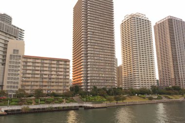 Sumida Nehri ve şehrin silueti. Tokyo, Japonya.