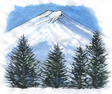 Japon manzarasının suluboya resmi
