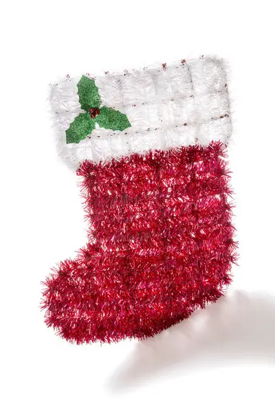 Χριστουγεννιάτικη Κάλτσα Απομονωμένη Στο Λευκό Κοντινό Πλάνο — Φωτογραφία Αρχείου