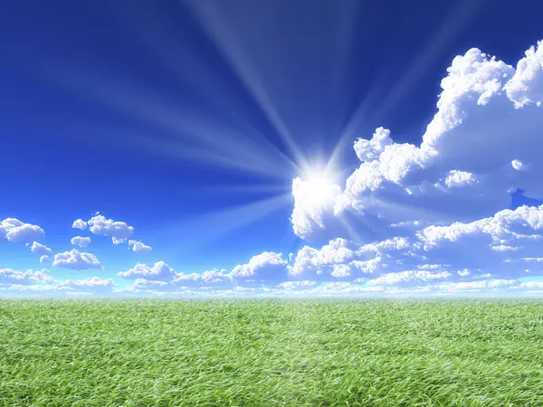 Fondo Azul Cielo Con Nubes Blancas Prado Verde Hierba —  Fotos de Stock