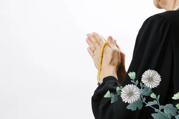 Praying Woman Hands Palms Together Holding Rosary Concept Faith Spirituality — Stockfoto