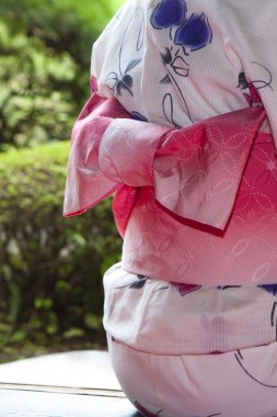 Japonların kimono giymiş arka planda oturan ve bahçeye bakan kadınlar.