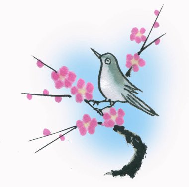 Daldaki kuşun suluboya çizimi