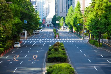 Şehir caddesinde ağaçları olan modern binalar. 