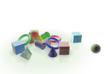 Soyut şekillerin, renkli küplerin ve topların 3 boyutlu canlandırması