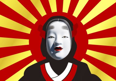 Geleneksel Japon tiyatro maskesi ve insan silueti.