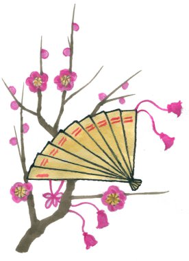 Pembe çiçekli bir ağaç dalından sarkan pembe püsküllü altın bir Japon yelpazesinin resmi..