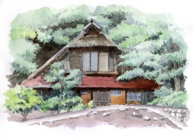 Geleneksel Japon kırsal mimarisinin suluboya çizimi