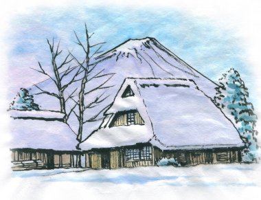 Şiddetli karla kaplı geleneksel bir Japon sazdan çatı evinin suluboya çizimi.