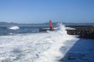 Büyük deniz dalgaları kayalık plajı eziyor.