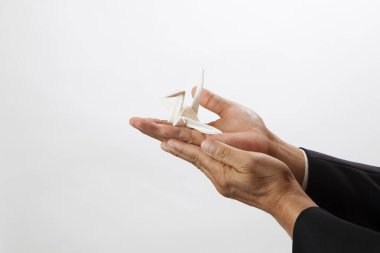 Erkek eller el yapımı kağıt vinç, geleneksel Japon origami oyuncağı.
