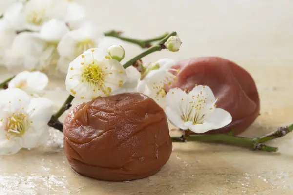 Smaczne Japońskie Jedzenie Umeboshi Śliwki Kwiaty Sakura — Zdjęcie stockowe