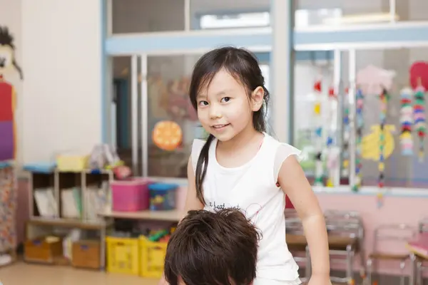 Cute Asian Schoolgirl Smiling Classroom — Stock Photo, Image