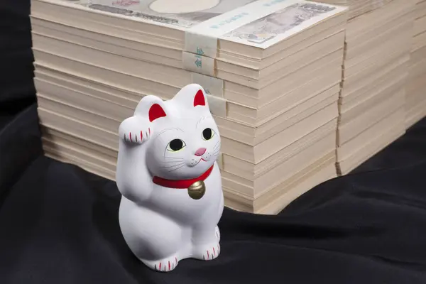Japanska Yen Sedlar Och Maneki Neko Katt Symboliserar Lycka Och — Stockfoto