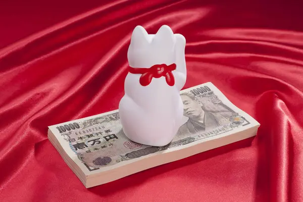 Japońskie Banknoty Jenowe Kot Maneki Neko Symbolizujące Szczęście Bogactwo — Zdjęcie stockowe