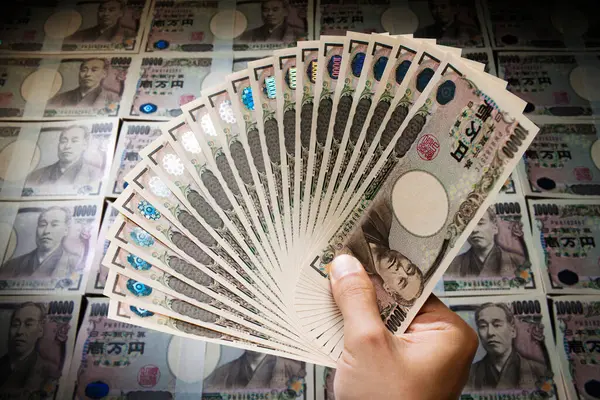Ruka Japonských Jenů Peníze Izolované — Stock fotografie
