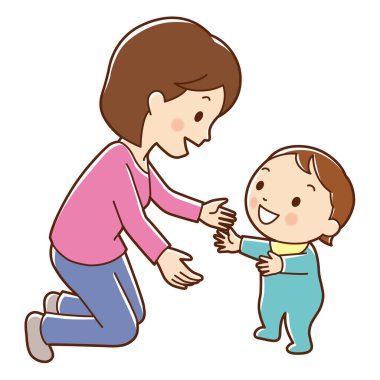 Gülümseyen kadın diz çöküp mutlu çocuğu selamlıyor.