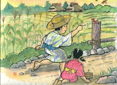 Kırsal bir Japon köyünde iki çocuk kırmızı bir kuşu işaret ediyor, suluboya bir resim.